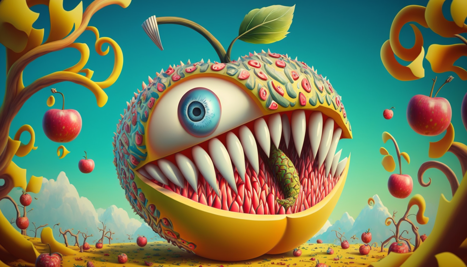 ManiKFox_a_whimsical_apple_with_big_eyes_eating_a_banana_vibran_b30e038a-938d-4cc9-b1fb-74174e42674b